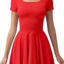 OQQ Women's Square Neck Ruffle Hem Mini Dress Summer Short Sleeve with Shorts Party Dresses (Large, Red)