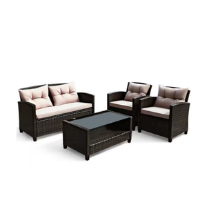 4-Piece Wicker Outdoor Patio Conversation Set Rattan Furniture Set with Beige Cushions and Tempered Glass Coffee Table