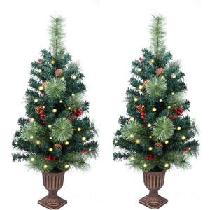 2 Pack Christmas Tree,3FT Artificial Christmas Entrance Tree with Ornaments and Lights Battery Oprated, Mini Xmas Trees for Front Door, Pathway, Tabletop, Entryway, Entrance Christmas Decorations
