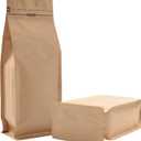 Pack of 50 Kraft Paper Coffee Bag with One-Way Degassing Valve, Stand-up Resealable Zipper Lock, High Barrier Side Gusset Coffee Package Bags, Size 4.33 x 3.15 x 11.8" for 16oz/1lb/500g