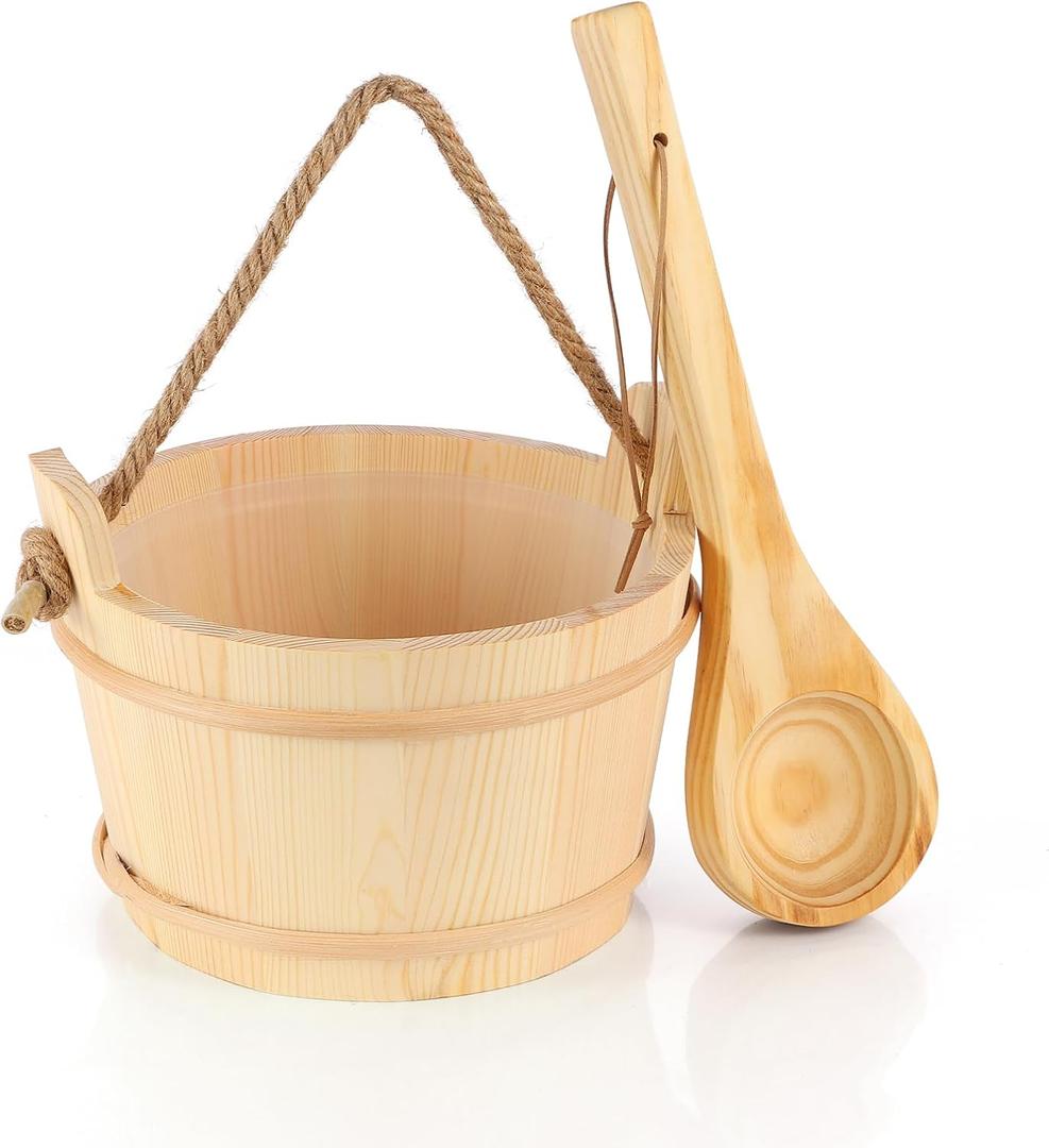 Wooden Sauna Bucket and Ladle Set, Handmade from Natural Pine with Rope Handle, 4L