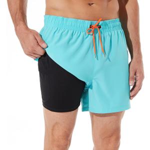 BRISIRA Mens Swim Trunks Swim Shorts Quick Dry 5 inch Inseam Beach Shorts with Compression Liner and Zipper Pocket (34, Lightblue)