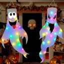 Halloween Decorations Outdoor Indoor, 2 Pack Light Up Ghost Decorations with LED Lights, Hanging Ghost Halloween Decor for Yard Porch Garden Lawn Party (2B-2Pack)