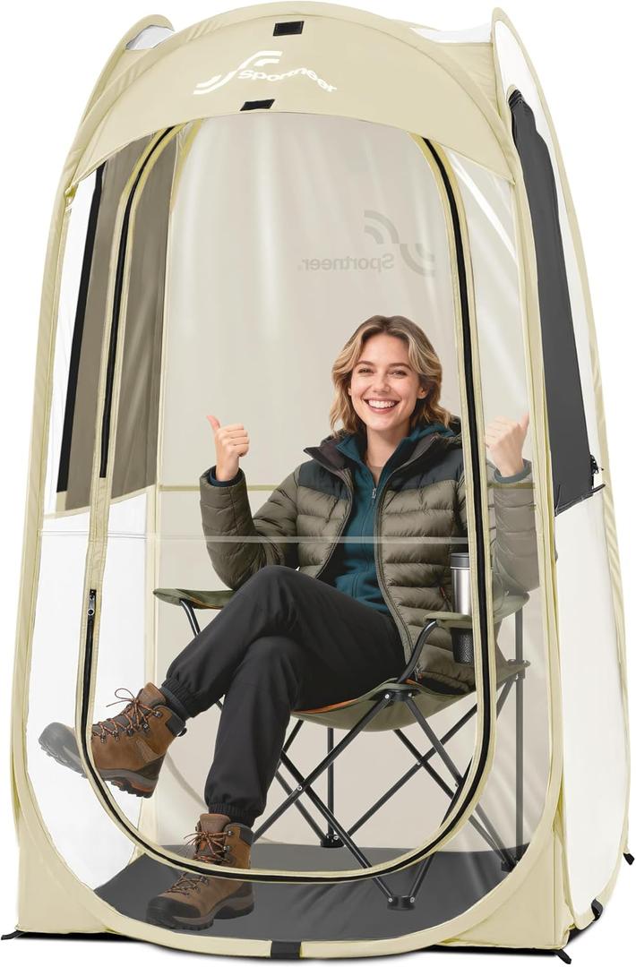 Sportneer Clear Sport Tent, 1 Person Transparent Outdoor Pop-Up Tent, Lightweight & Portable Weather Shelter for Parents, Windproof Cold Weather Protection, Rain Shield for Sports Events & Sidelines, L: 37" x 37" x 63.5"