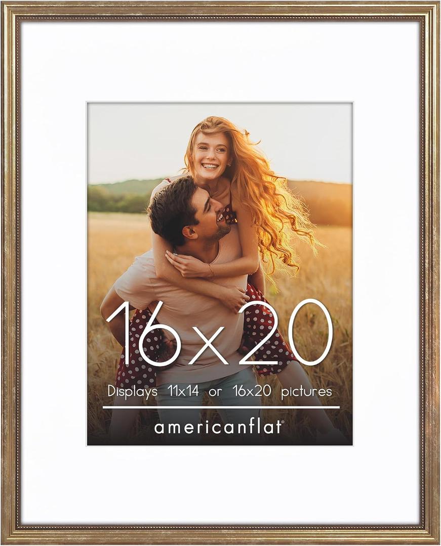 Americanflat Vintage Frames - 16x20 Picture Frame with Beaded Accents and Polished Plexiglass - Use as 11x14 Frame or Display 16x20 Photos Without Mat - Heirloom Collection - Wall Display - Gold