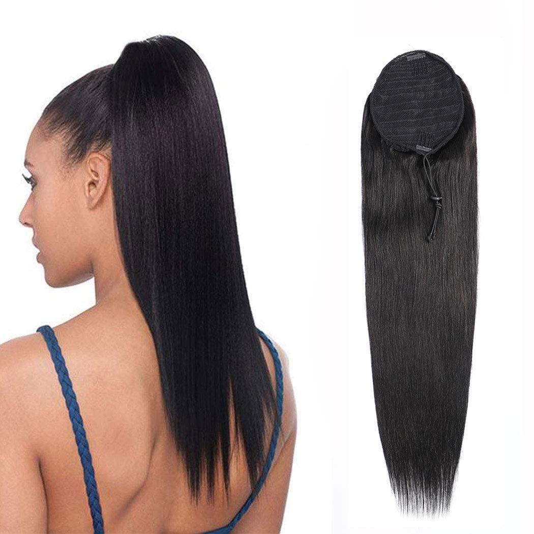 Ponytail Human Hair Extension Straight Hair Drawstring Natural Black Color for Women Clip in Ponytail Hair Extensions (Straight Hair, 20 inch)