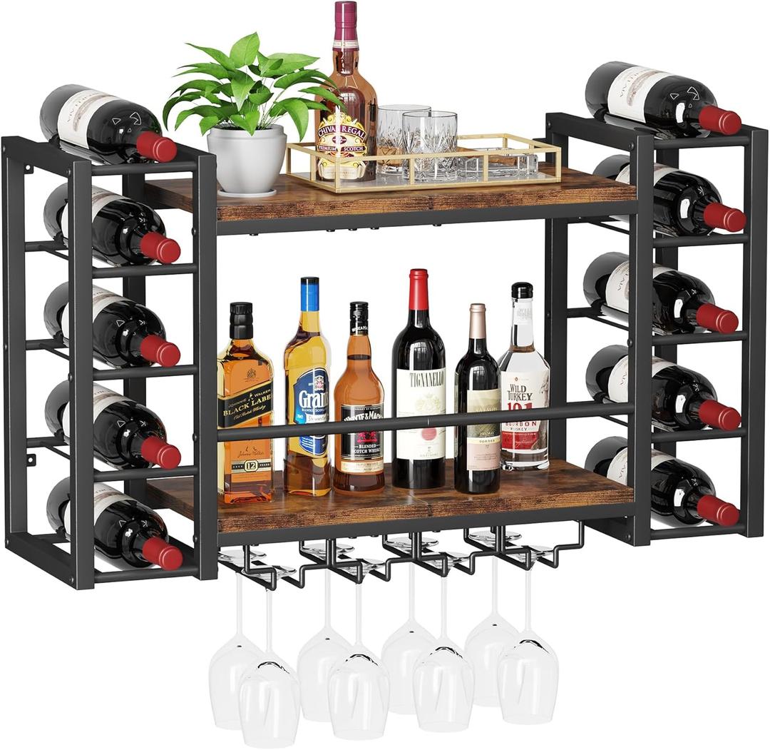Homeiju Wall Mounted Wine Rack for 10 Bottles, Metal Wine Shelf Storage with Top Enclosure, Heavy Duty Black Bar Decor for Home, Kitchen, Bar (31.7" W x 9.8" D x 19.7" H)