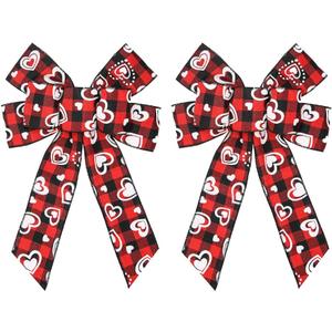 3 x Hying 2 PCS Valentine's Day Bows for Wreath, Valentines Wreath Bows Black Red Buffalo Plaid Bows Loving Heart Gift Bows Red Burlap Bows for Front Door Valentines Party Decorations