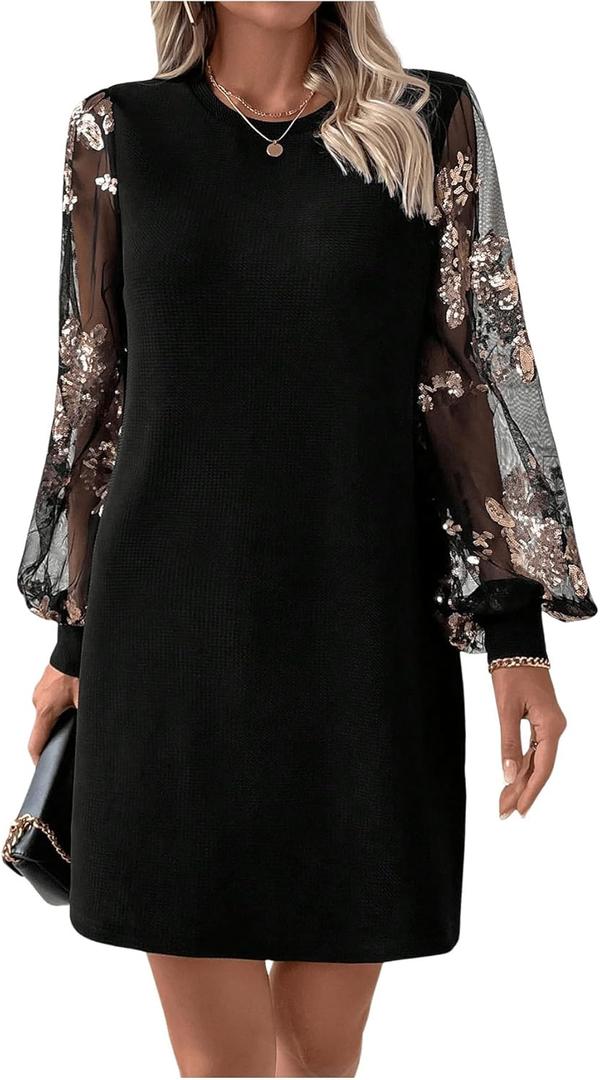 MakeMeChic Women's Summer Long Sleeve Floral Sheer Dress Wedding Guest Mesh Crew Neck Lace Black Mini Dresses, Size L