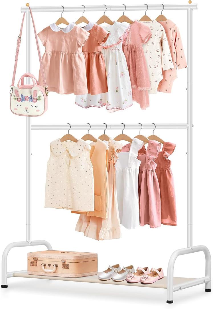 SLEEPING LAMB Double Rod Kids Clothes Rack, Small Toddler Clothing Rack with Bottom Storage Shelf for Baby Playroom Garment Rack, White