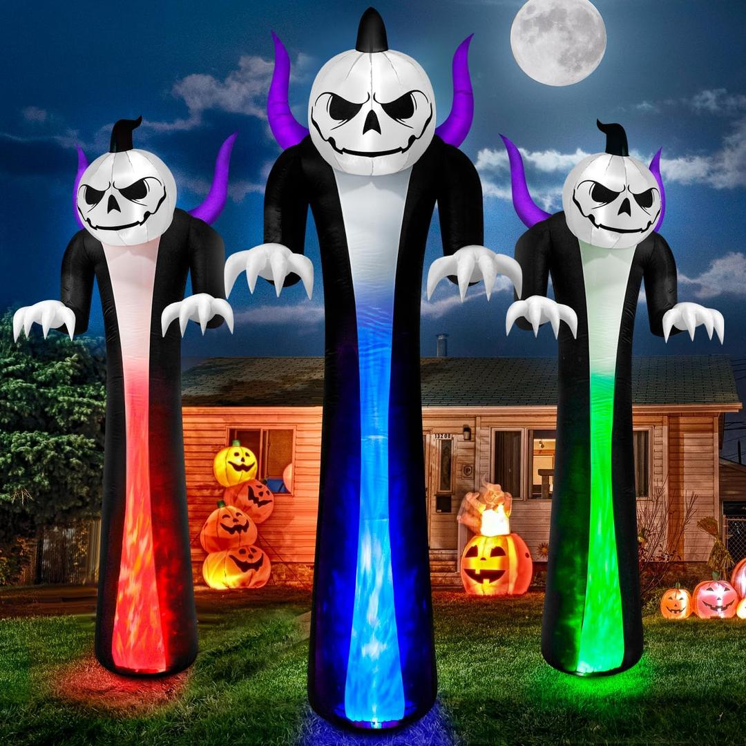 12FT Halloween Inflatables Decoration Outdoor Giant Pumpkin Reaper Ghost Built-in 3-Colored Rotation Flame LED Halloween Blow Up Yard Decorations Spooky Outdoor Party Yard Lawn(1PCS)