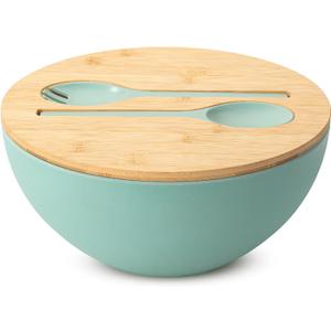 BAMBOO LAND- Extra Large Salad Bowl with Wooden Lid, 11.4 Inch/177 Oz, Mint Green, Bamboo Fiber Salad Bowl with Serving Utensils, Wide Applications