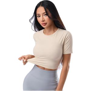 SweatyRocks Women's Twist Open Back Athletic Shirt Short Sleeve Crew Neck Workout Crop Tops (Beige, L)