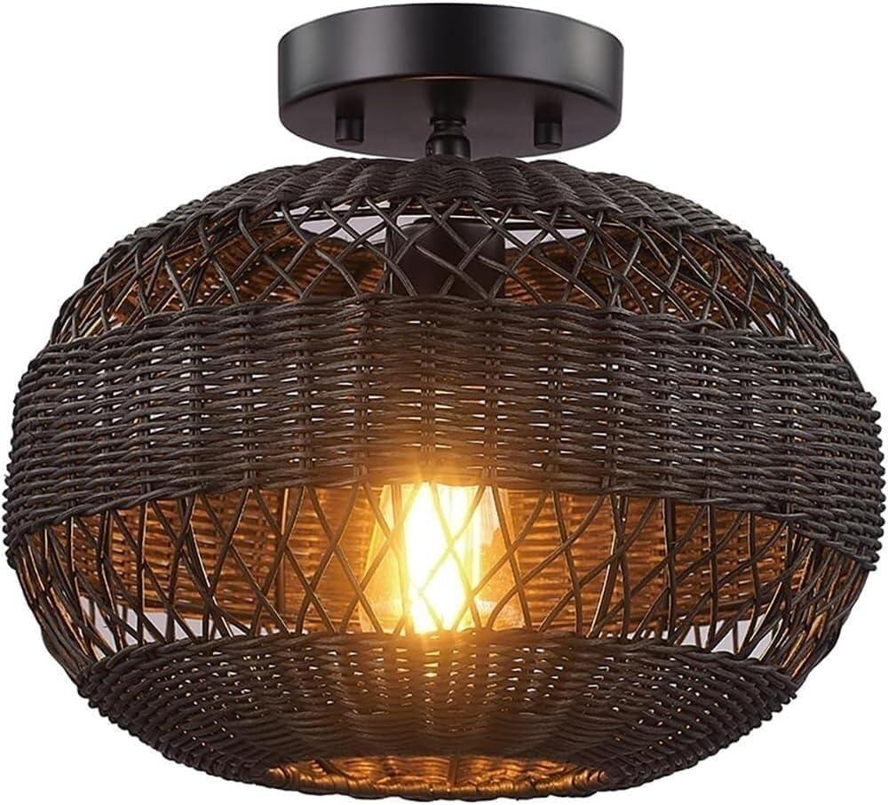 Retro Black Hand Woven Rattan Ceiling Lamp Boho Farmhouse Countryside Ceiling Light Fixture Modern Hallway Pendant Light for Bedroom Kitchen Entryway Living Room Aisle Stairs
