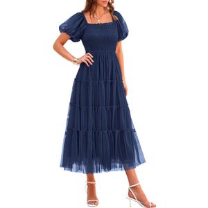 PRETTYGARDEN Women's Smocked Midi Tulle Dress 2025 Summer Puffy Short Sleeve Square Neck Ruffle Wedding Guest Party Dresses (Large, Navy)