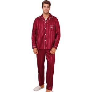 ShuiGod-Mens Silky Satin Pajamas Set Long Sleeve Top and Long pants Nightwear Button-Down Pj Sets Sleepwear (4X-Large, Stripe Red)