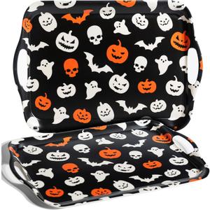 Oasis Choice Halloween Serving Tray Set, 18" Handled Tray Bamboo Set of 2 for Entertaining, Durable & Dishwasher Safe, with Cute Ghost Pumpkin Patterns Serving Trays for BBQ, Party, Turkey & Cheese