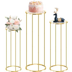 3PCS Gold Metal Cylinder Pedestal Stands - Round Plant Display Columns for Party Decor, Floral Arrangements, Vase Displays, Birthday Wedding Backdrop Decorations