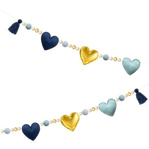 Dusty Blue Gold Heart Decorations Handmade Pre-Strung Felt Heart Banner Wool Felt Ball Wooden Bead Garland for Birthday Baby Shower Anniversary Valentines Day Nursery Classroom Fireplace Home Decor