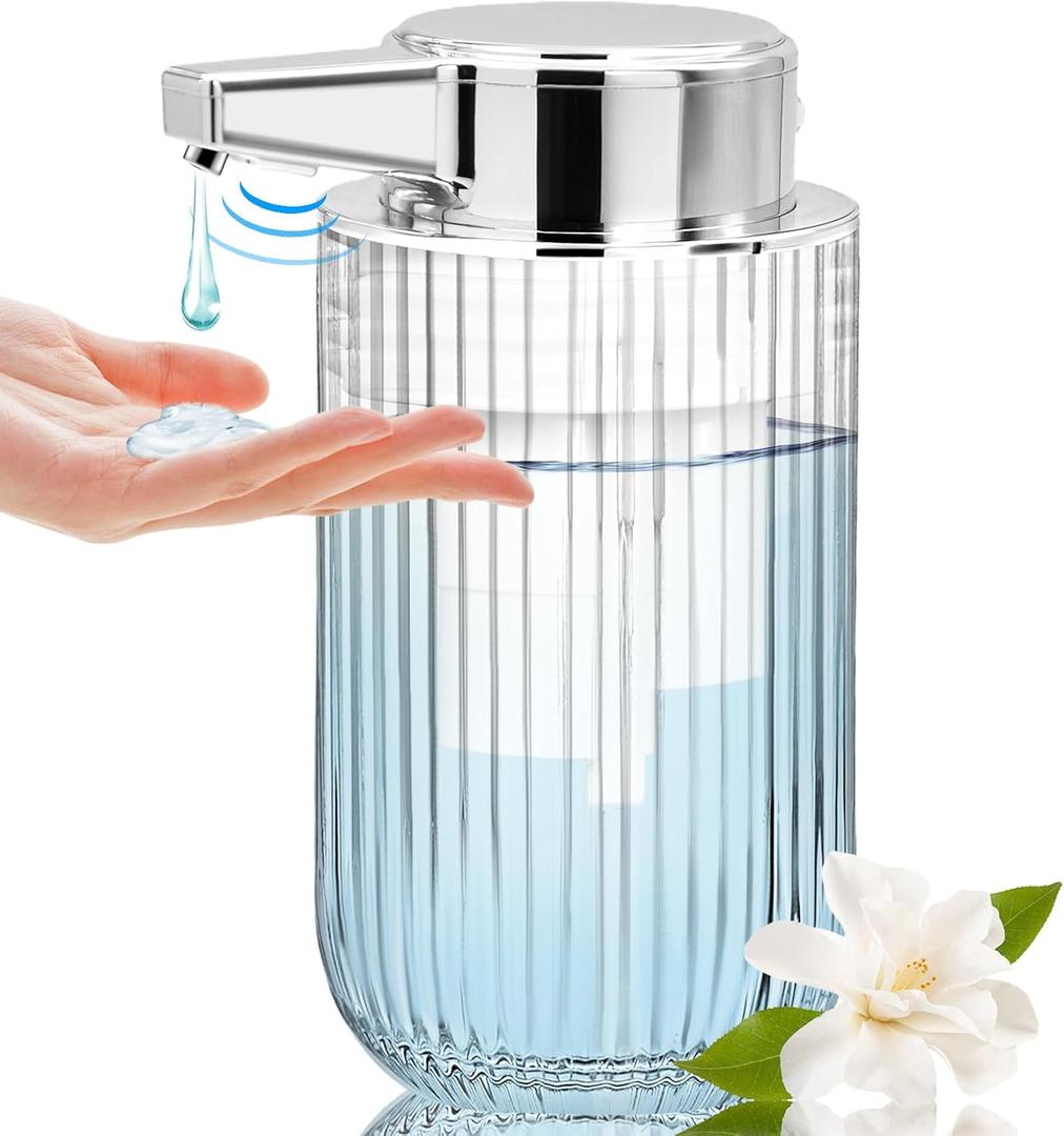 10 oz Automatic Touchless Glass Soap Dispenser, Rechargeable Hands Free Ribbed Liquid Soap Dispenser with Electric Sensor Pump, Refillable Soap Bottle for Bathroom Kitchen Dish Countertop (Clear)