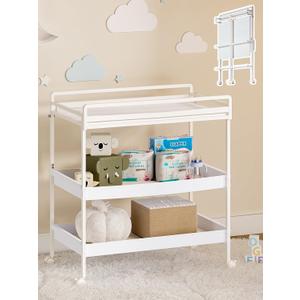VBABY Foldable Baby Changing Table with Wheels, Certified Diaper Changing Station with Storage Drawers, 3 in 1 Portable Compact Diaper Table for Nursery, White