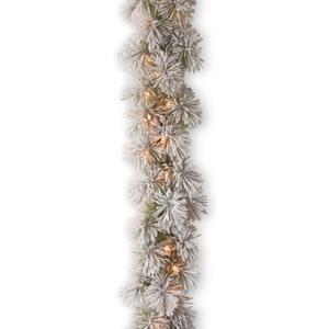 National Tree Company Pre-Lit Artificial Christmas Garland, Green, Glittery Bristle Pine, White Lights, Decorated With Frosted Branches, Plug In, Christmas Collection, 9 Feet