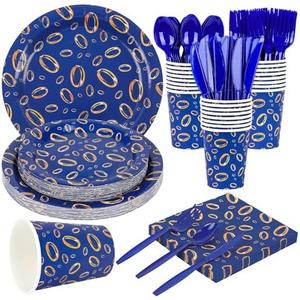175Pcs Video Game Party Favors Tableware Set Video Game Themed Party Supplies for 25 Guests Includ Blue and Gold Rings Paper Plates Napkins Cups and Cutlery for Gamer's Parties Decor Birthday Gift
