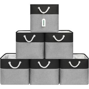 13x13 Inch Cube Storage Bins with Reinforced Bottom Cardboard, 6 Pack Large Collapsible Fabric Storage Cubes with Handles for Shelf, Closet, Toy, Laundry Organization (Black&Gray)