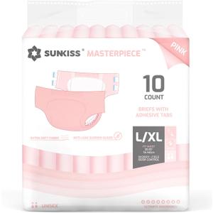 SUNKISS Masterpiece Adult Diapers with Tabs, Unisex Disposable Incontinence Briefs for Women and Men, Odor Control, Pink, Large/XLarge, Previously Large,10 Count