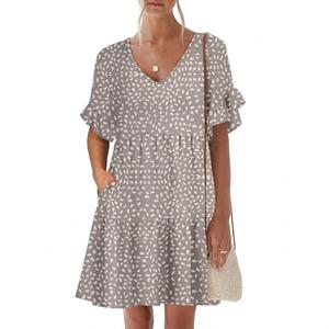 Caracilia Dresses for Women Summer Casual 2026 Ruffle Short Sleeve A Line Tiered Flowy Cute V Neck Mini Beach Dress Pockets Khaki Polka Dot Gray, X-Large