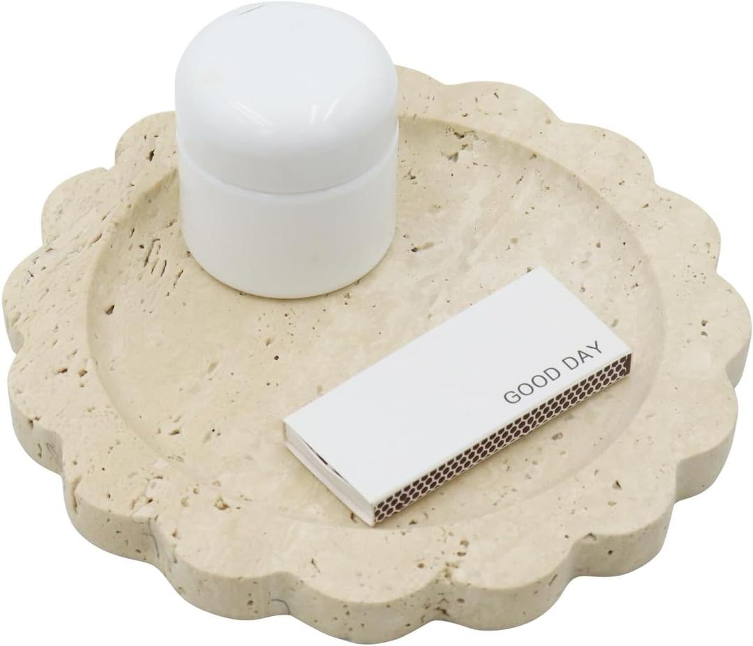 Round Marble Decorative Tray with Scalloped Edge, Luxury Natural Stone Bathroom Vanity Tray, Dresser Top Perfume Coffee Home Kitchen Sink Tray, Key Trinket Ring (8" x 8" x 0.7", Beige Travertine)