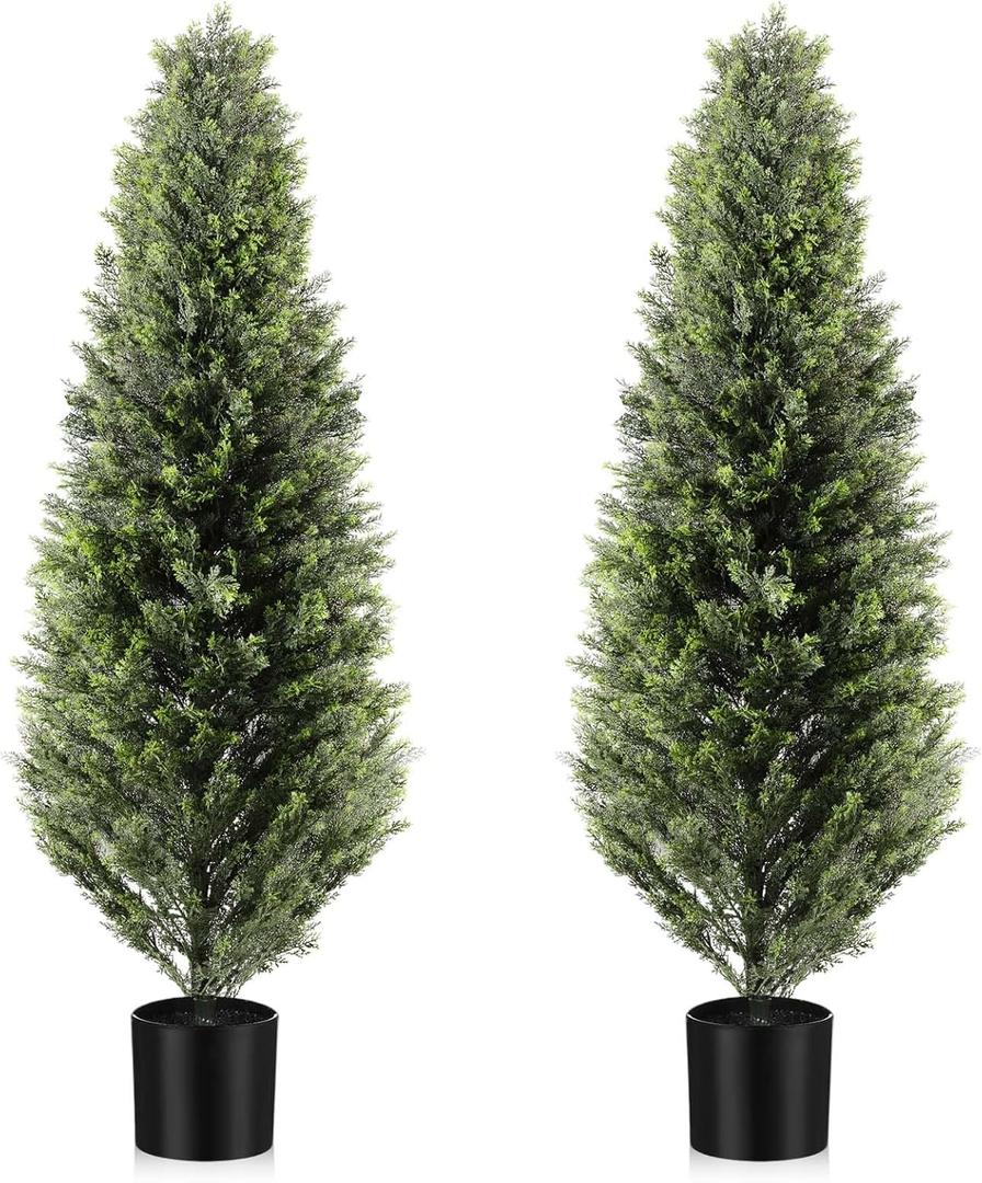 Riceshoot 2 Pcs 5ft Artificial Cedar Topiary Trees for Outdoor Artificial Plants Faux Pine Tree UV Resistant Potted Fake Plants Shrub Bushes for Porch Garden Office Front Door Indoor