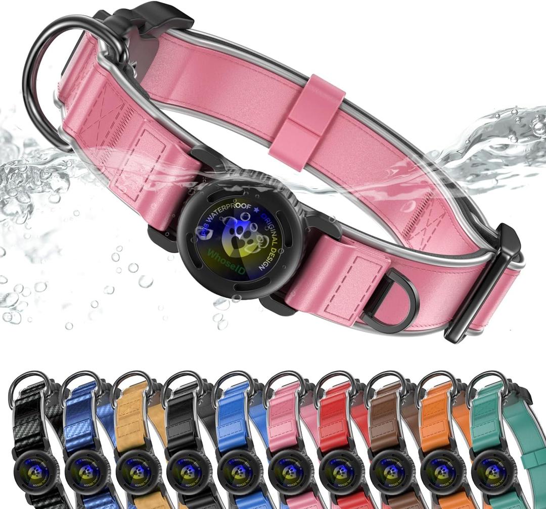 WhoseID AirTag Dog Collar, Waterproof Reflective Leather Dog Collar with AirTag Holder and Magnetic Buckle, Heavy Duty Pet Collar for Small Medium Large Dogs, Pink