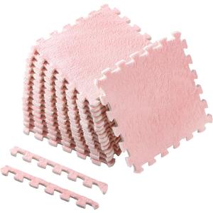 16 Pcs Square Plush Puzzle Foam Floor Mat Fluffy Plush Interlocking Foam Carpet Tiles with Edgings for Kids Baby Children Home Bedroom Playroom(Pink)