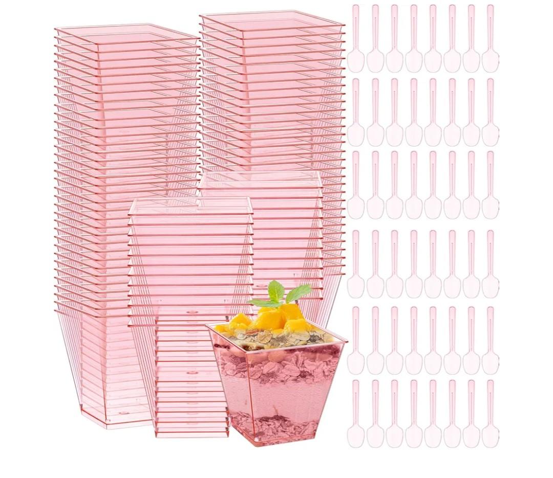 Mifoci 50 Sets Dessert Cups with Spoons, Square Disposable Plastic Parfait Bowl, Elegant Clear Dessert Cups for Fruit Ice Cream for Wedding Bridal Shower Baby Shower Graduation Birthday (8 oz,Pink)