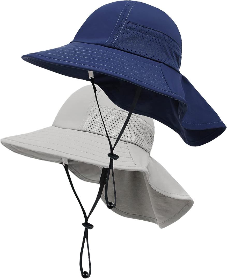 Toddler Baby Sun Hat Kids Summer UPF 50+ for Boys Girls Adjustable Beach Hats with Bucket Wide Brim Age 1-7 Years (2 Pack (Grey + Navy))