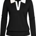 Kate Kasin Women Long Sleeve Polo Sweater V Neck Knitted Tops Casual Ribbed Shirt Loose Pullover Sweater (Small, Black White)