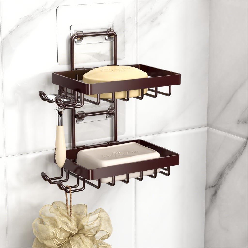 Moforoco Brown Double Soap Bar Holder for Shower, No Drilling, 304 Stainless Steel, Wall Mounted Soap Holder with 4 Hooks and Razor Holder, Shower Rack Soap Tray Bar Soap for Bathroom Accessories