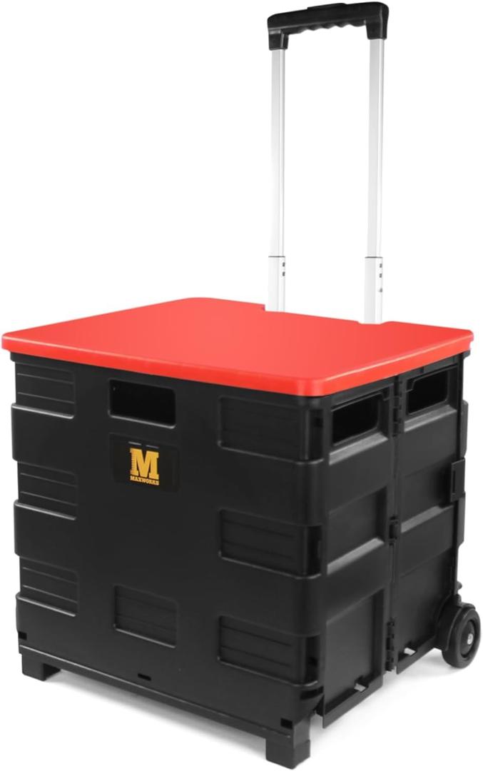 MaxWorks 50830 Collapsible Black Rolling Folding Dolly Cart for Teachers - Multi-Functional Teacher Dolly with Extra Storage, Durable Wheels, and Easy-to-Fold Design for Classroom, Office, Shopping