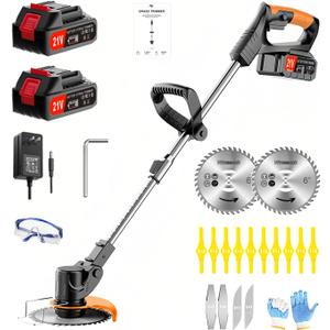 21V Cordless String Trimmer & Edger, 6" Cut, 2 Batteries, 3-Blade System (Plastic/Metal/Saw), Telescopic Pole, 180° Rotating Head – Lightweight Weed Wacker for Lawn, Garden & Yard