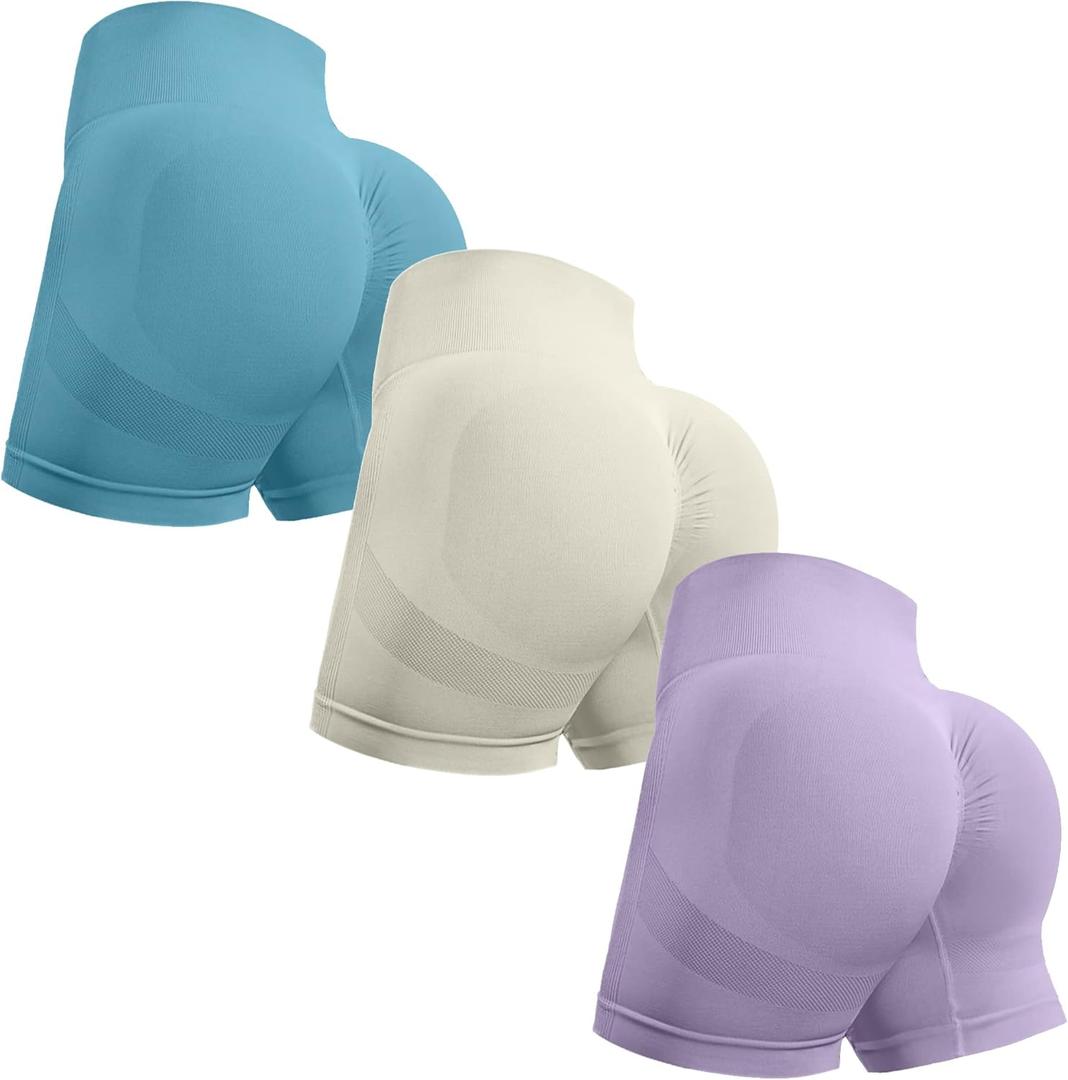 OVESPORT 3 Piece Workout Shorts for Women Seamless Scrunch Butt Lifting High Waisted Yoga Gym Booty Running Short Pants (Blue, XL)