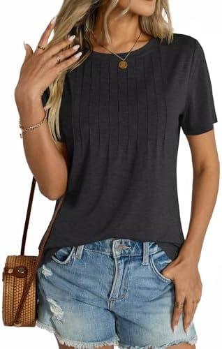 Micticsi Womens Short Sleeve T Shirts Pleated Dressy Casual Crewneck Loose Fit Tee Trendy Summer Tops Blouses 2025 Size XL