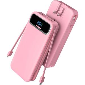Portable Charger Power Bank with Built in Cables and AC Wall Plug,PD20W&SCP22.5W USB-C Super Fast Charging,20000mAh Travel Phone Charging,LED Display Battery Pack Compatible All iPhone Samsung etc (Pink)