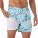 BRISIRA Mens Swim Trunks Swim Shorts Quick Dry 5 inch Inseam Beach Shorts with Compression Liner and Zipper Pocket (28, Bluewaterripple)