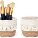 Mkono Macrame Makeup Brush Holder Organizer Comb Brushes Mini Storage Basket Set of 2 Boho Decor Baskets for Pen Pencil Box Container,Yellow and White