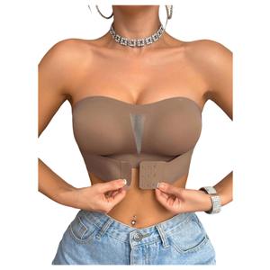OYOANGLE Women's Front Closure Strapless Bra Non Slip Padded Bandeau Bra Mocha Brown X-Large (Beige, XL)