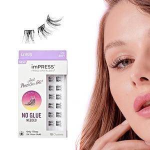 KISS imPRESS Falsies Press On Self Adhesive Eyelashes, 12mm - 14mm Glam Volume Press On Lashes, Black, No Glue Needed, Invisible Band, 12 Lash Clusters - Sassy (1 pair (Pack of 1))