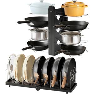 CEHNCEH Foldable Pots and Pans Organizer Under Cabinet 28.5" L x 9.1" W x 9.9" H Expanded, Folds Flat Adjustable 8-Tier Stainless Steel Dividers Kitchen Cabinet Cookware Baking Frying Rack (Black)