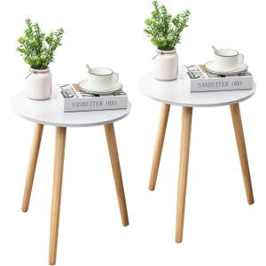 Apicizon Round Side Table Set of 2, White Nightstand Coffee End Table for Living Room, Bedroom, Small Spaces, Modern Home Decor Bedside Table with Natural Wood Legs, 16.5 Inches