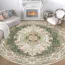 Green Round Rug 9ft, Large Circle Area Rug for Bedroom Living Room Dining Room, Washable Boho Vintage Bohemian Distressed Oriental Carpet Non Slip, Sage Floral 9'x9'